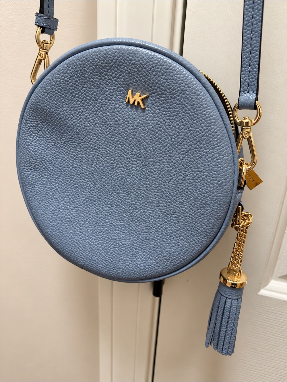 Michael Kors Dusty Blue Round Pebbled Leather Crossbody